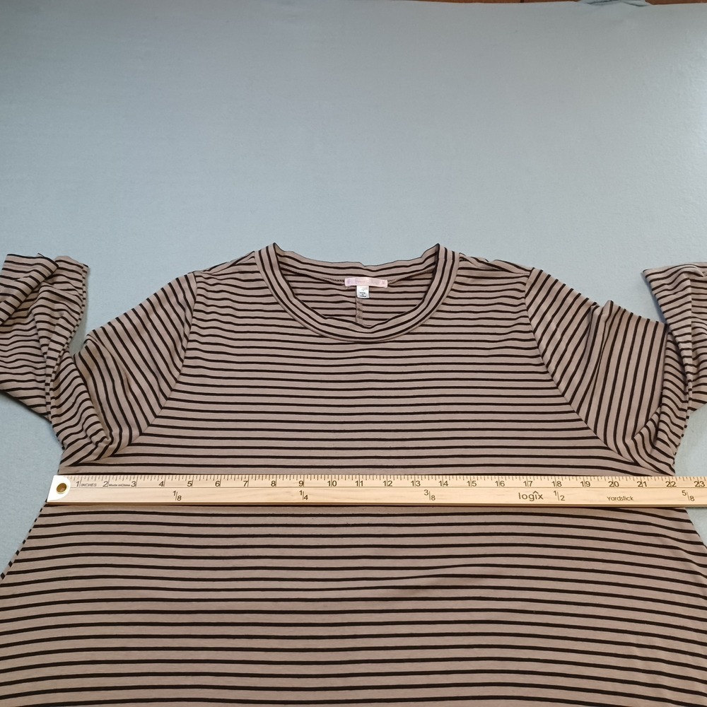 Free 2 Luv Striped Shift Dress Tan Black 3/4 Sleeve Crew Neck Plus Size 1X - Picture 5 of 7